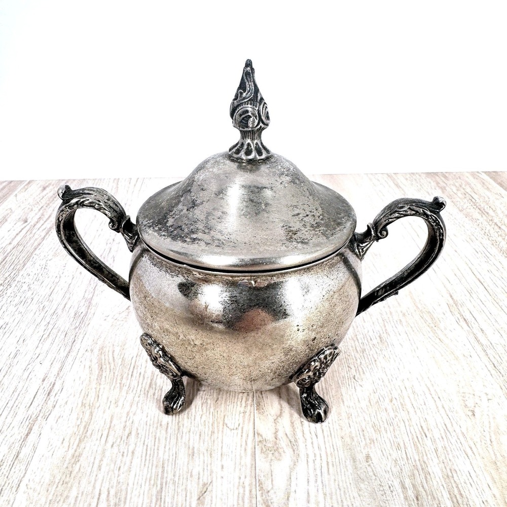 Raimond Silverplate Footed Sugar Bowl With‎ Lid Finial Handles Vintage